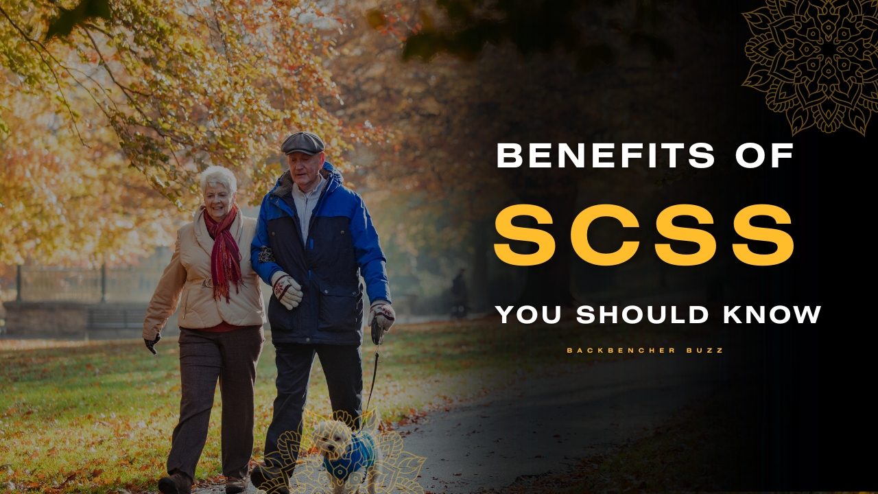 Elderly couple walking in a park discussing SCSS benefits