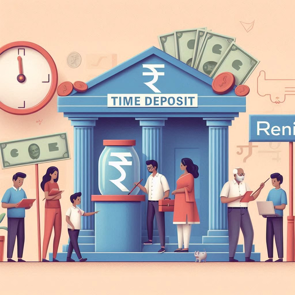People depositing money in the National Savings Time Deposit Scheme at an Indian Post Office, with a rupee symbol indicating safe investment.