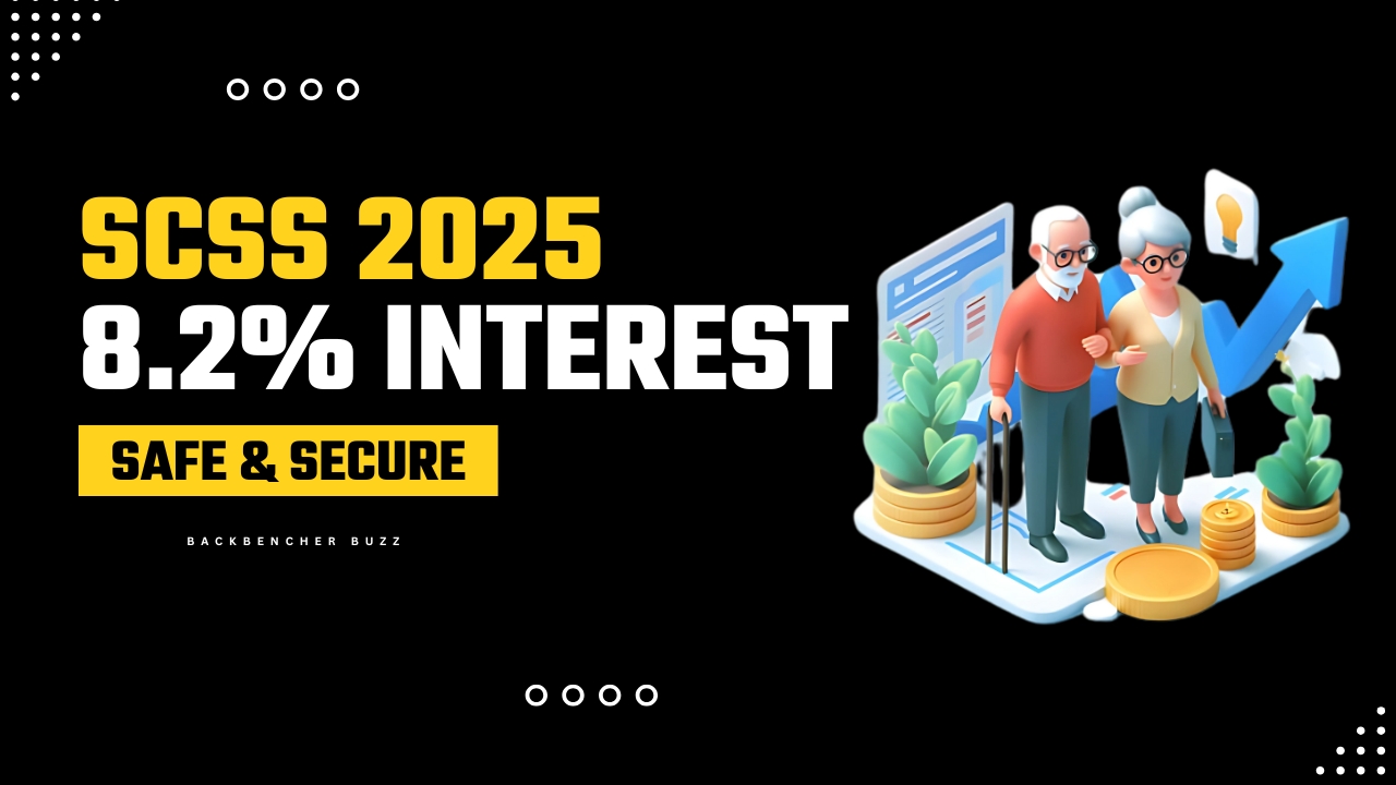 Senior couple standing near investment chart showing SCSS 8.2% interest