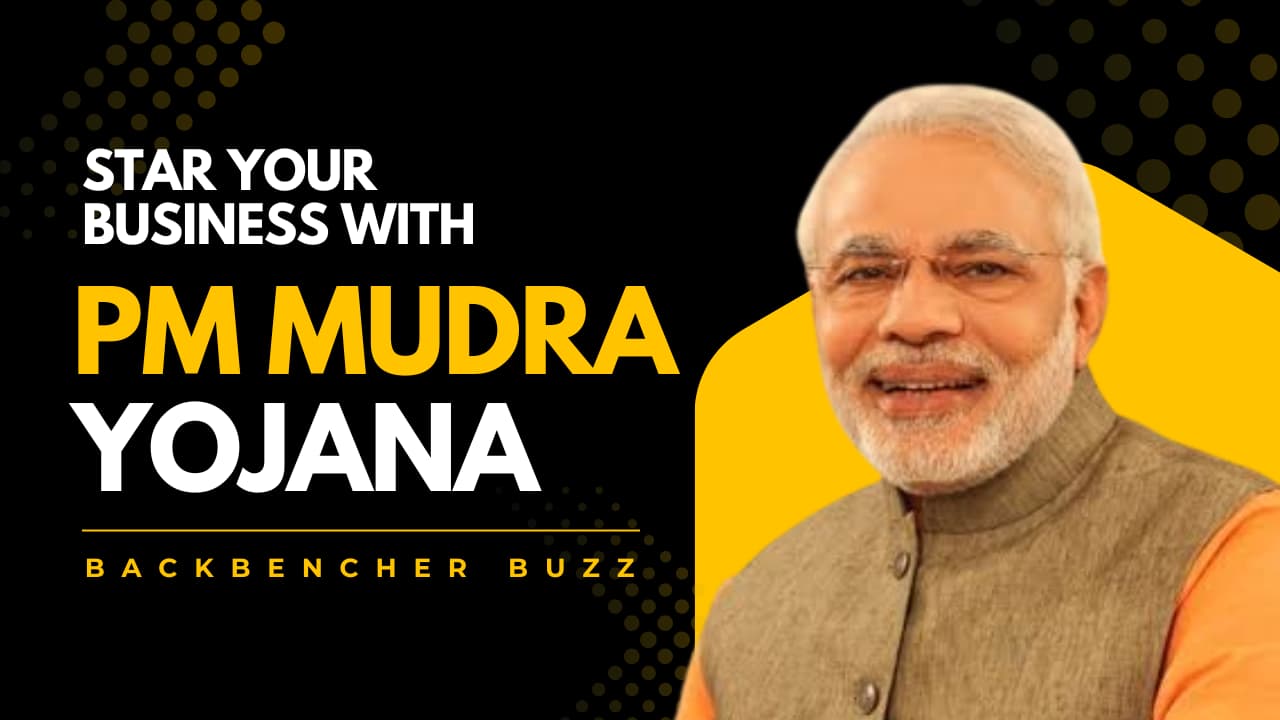 A promotional banner for Pradhan Mantri Mudra Yojana (PMMY) featuring Prime Minister Narendra Modi, highlighting business growth opportunities with the scheme.