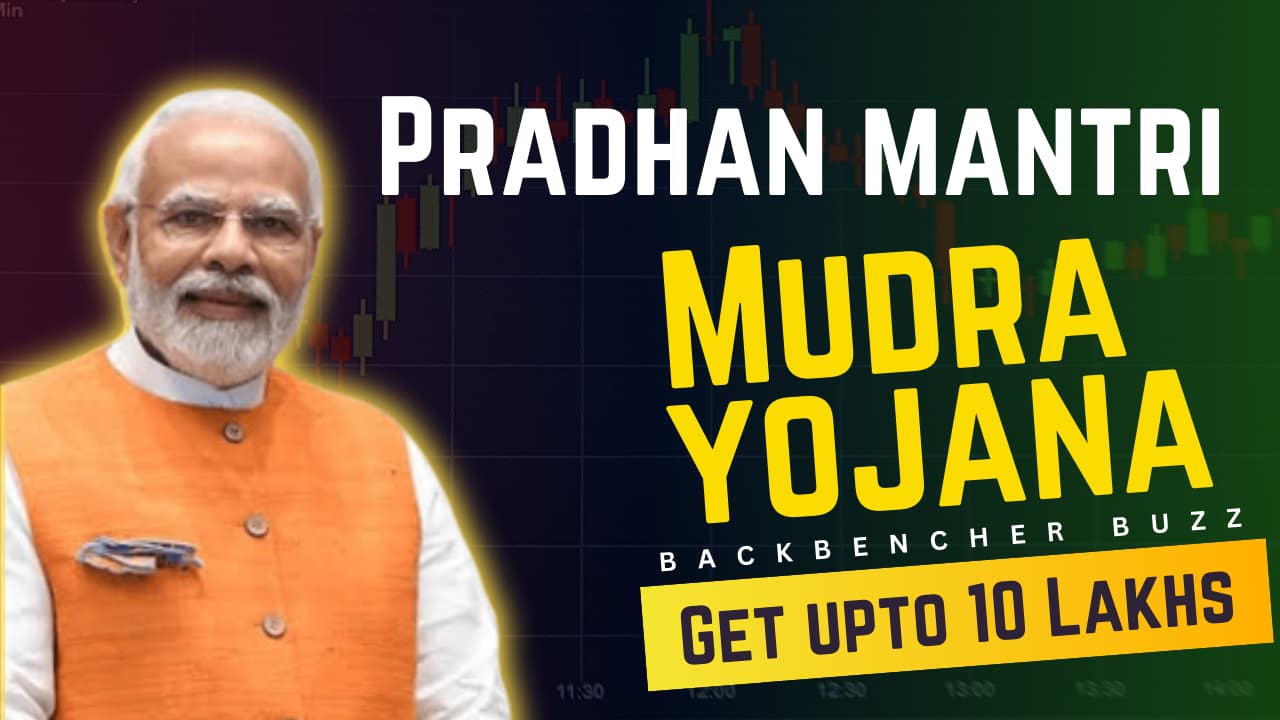 Pradhan Mantri Mudra Yojana (PMMY) banner featuring Prime Minister Narendra Modi with text highlighting loan benefits up to ₹10 lakhs.