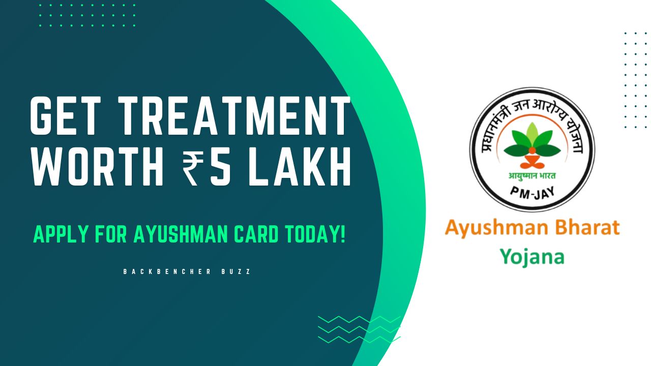 Ayushman Bharat Yojana logo promoting ₹5 lakh treatment with Ayushman Card