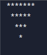 Reverse pyramid star pattern generated using Python loops with decreasing rows of stars.