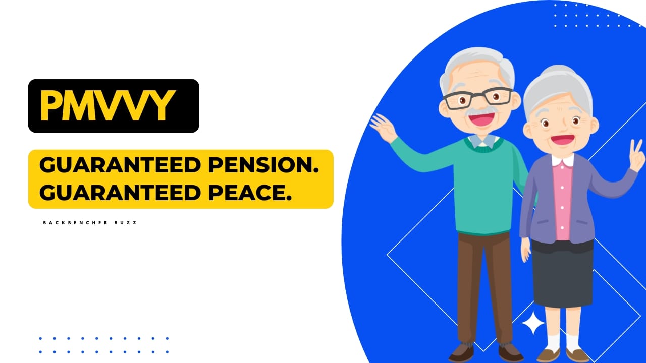 Cartoon illustration of happy senior couple with PMVVY text, highlighting guaranteed pension and peace