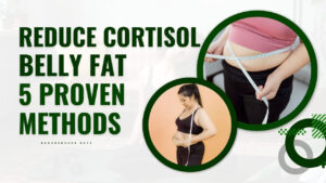 Infographic listing 5 science-backed strategies to reduce cortisol belly fat, including stress management and diet tips.