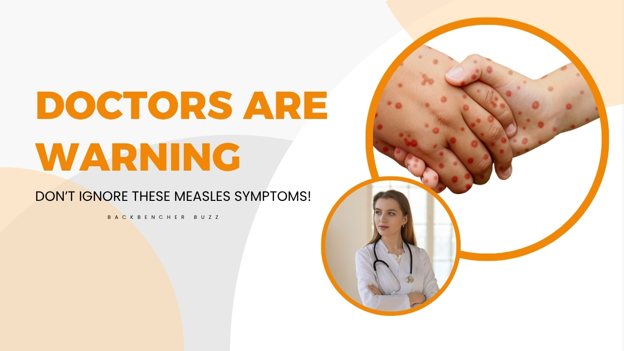 Close-up of hands with measles rash and doctor advising caution