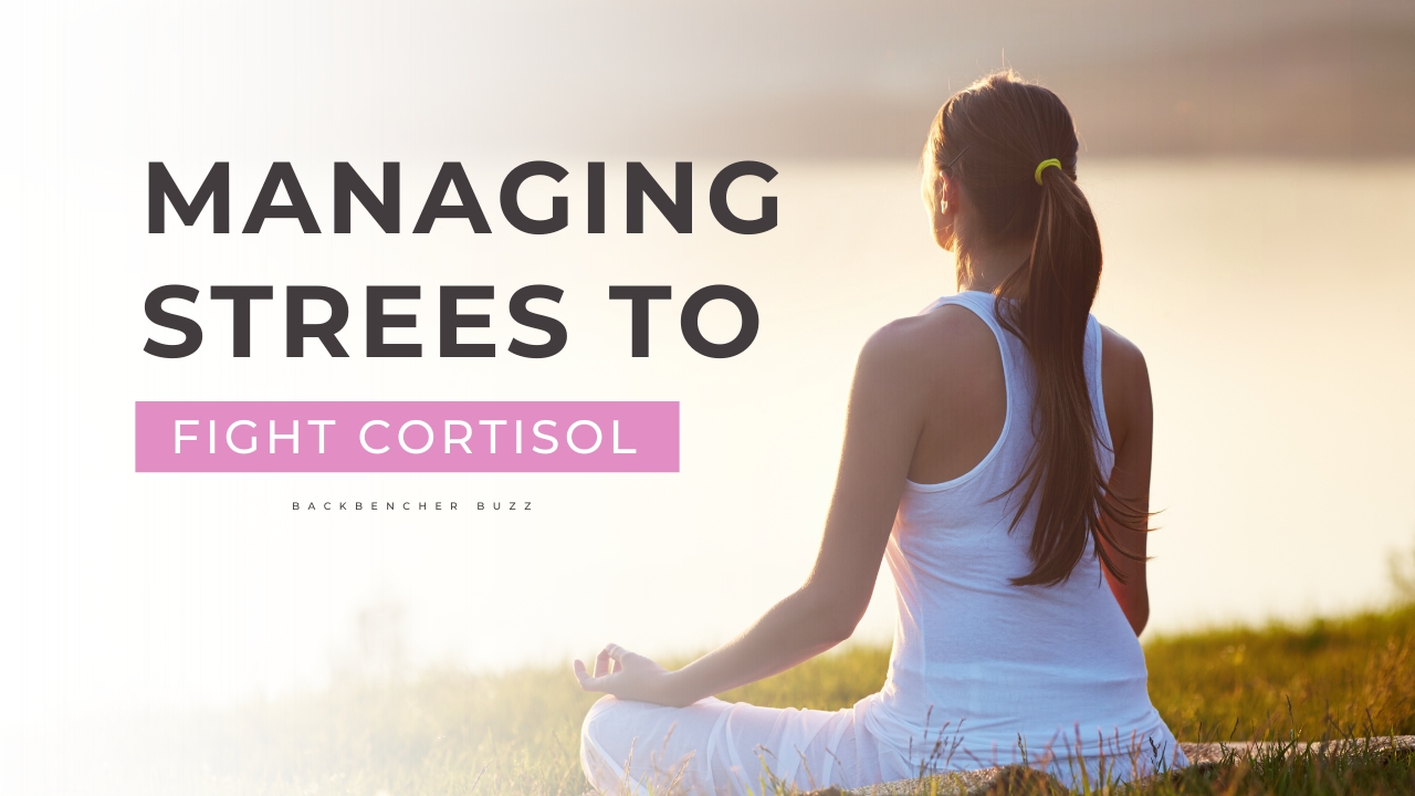 Illustration showing stress-reduction techniques like meditation and yoga to lower cortisol belly fat