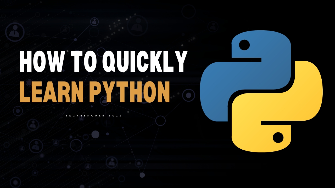 Dark network‑patterned slide with text ‘HOW TO QUICKLY LEARN PYTHON’ and the Python Course PPT