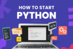 Purple slide with text ‘HOW TO START PYTHON’ above a laptop illustration and coding icons Python Course PPT