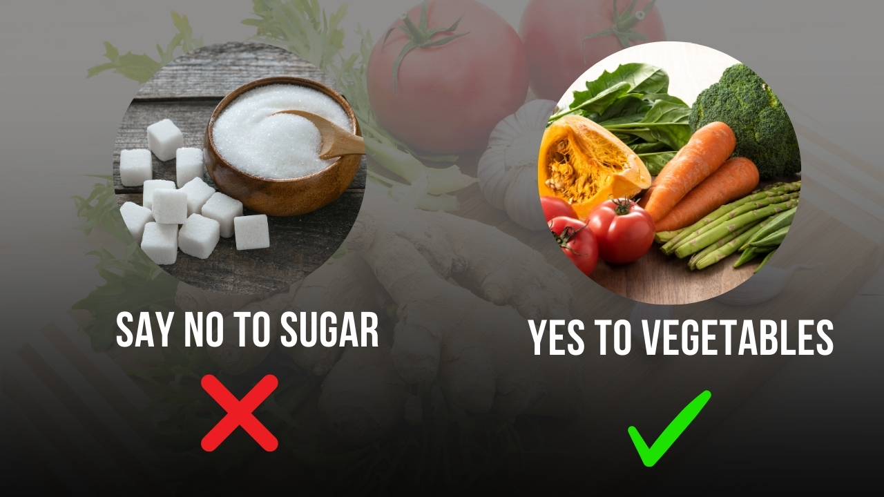 Split-screen graphic contrasting sugary foods and fresh vegetables, highlighting their effects on cortisol belly fat.