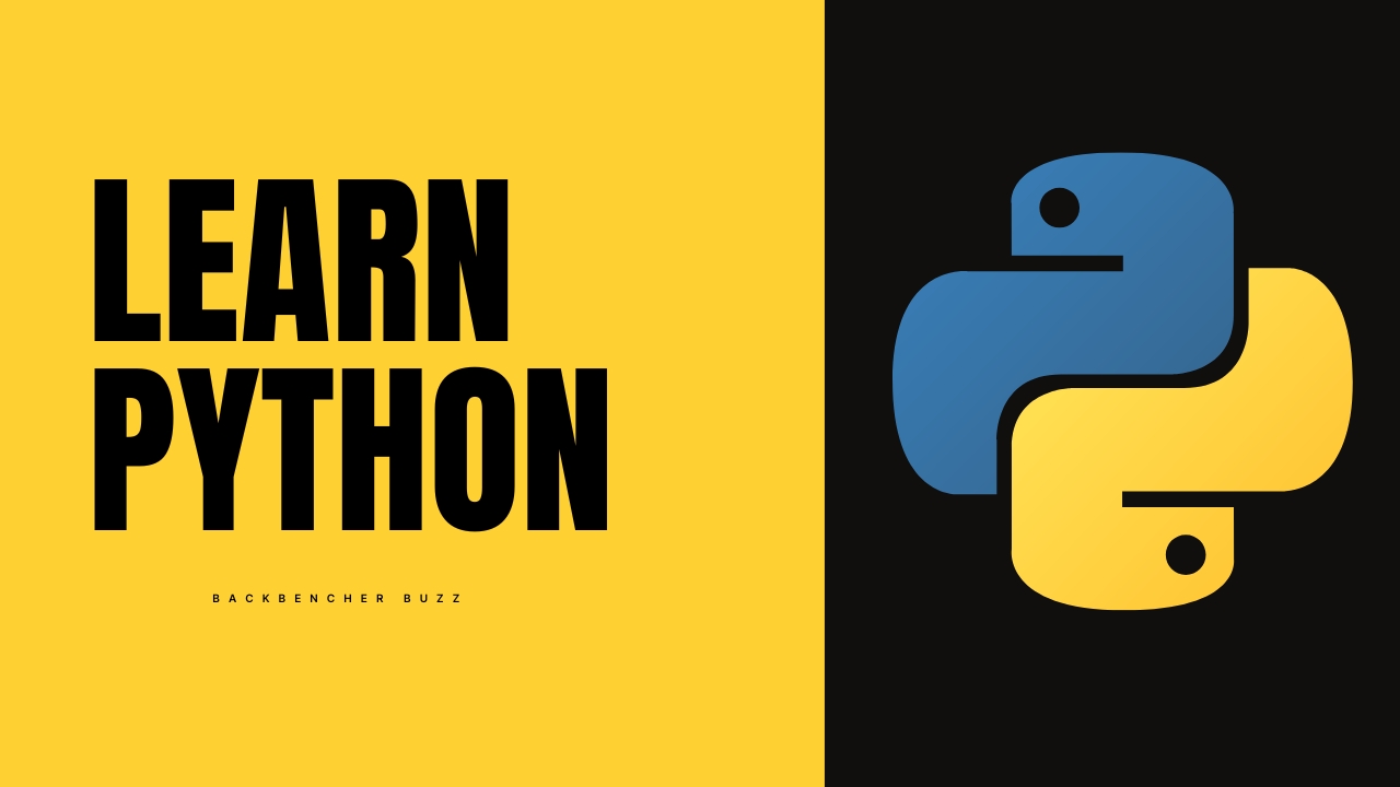 Bold yellow and black slide with text ‘LEARN PYTHON’ and the Python Course PPT