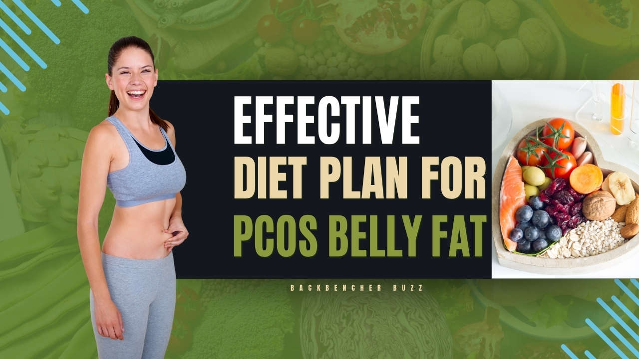 Healthy woman and food platter showing a diet for PCOS belly fat