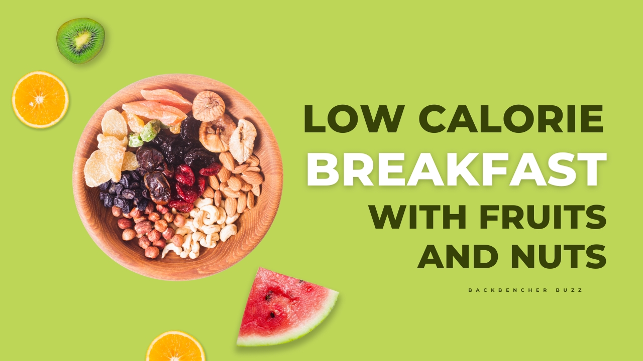 Vibrant low calorie breakfast bowl topped with fresh fruits, nuts, and seeds
