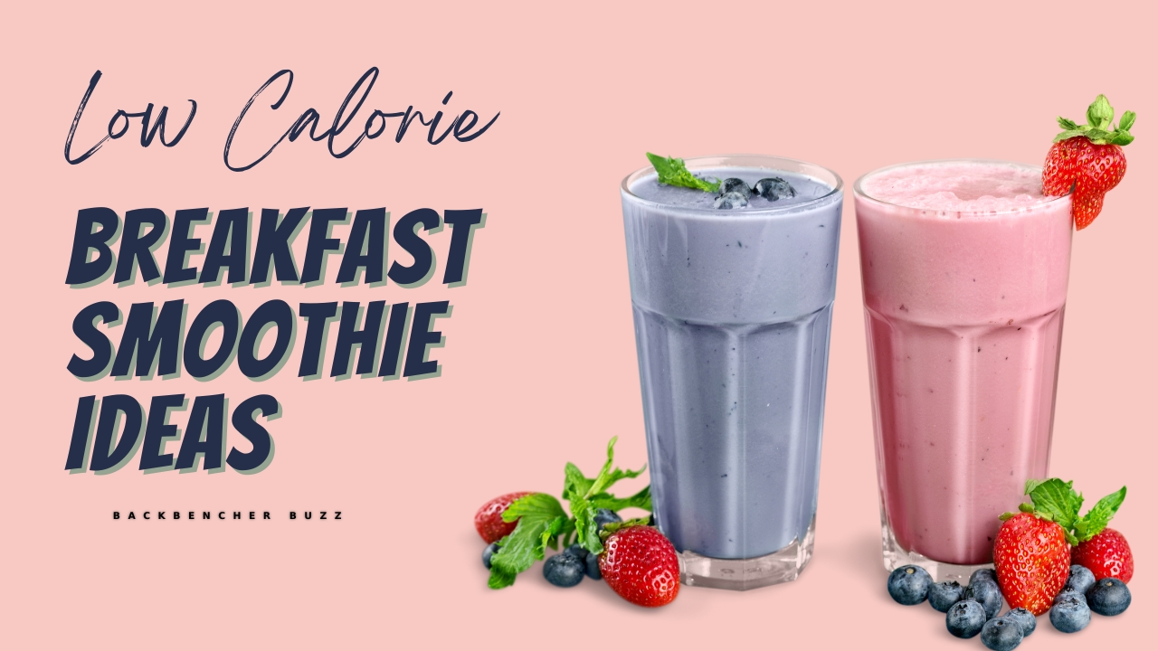 Colorful low calorie breakfast smoothies with fresh fruits and yogurt in glasses