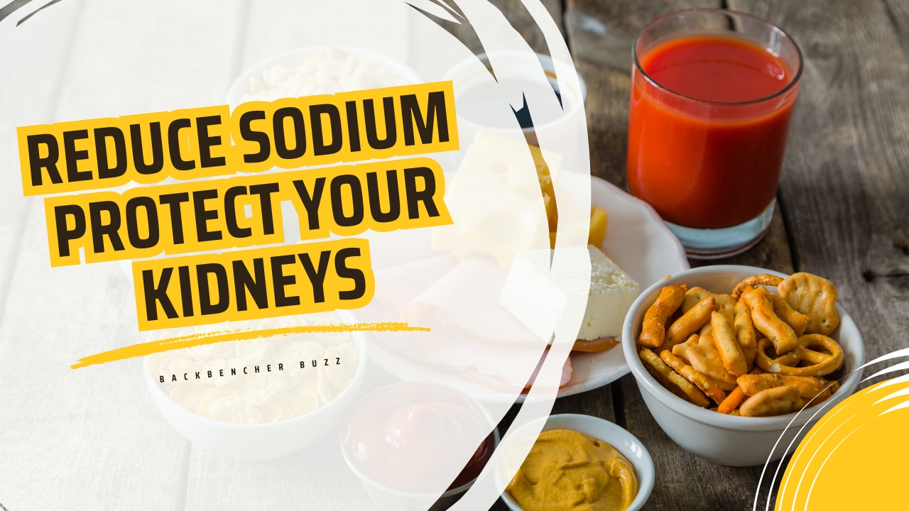 Assorted salty snacks and tomato juice illustrating high sodium food risks for kidneys