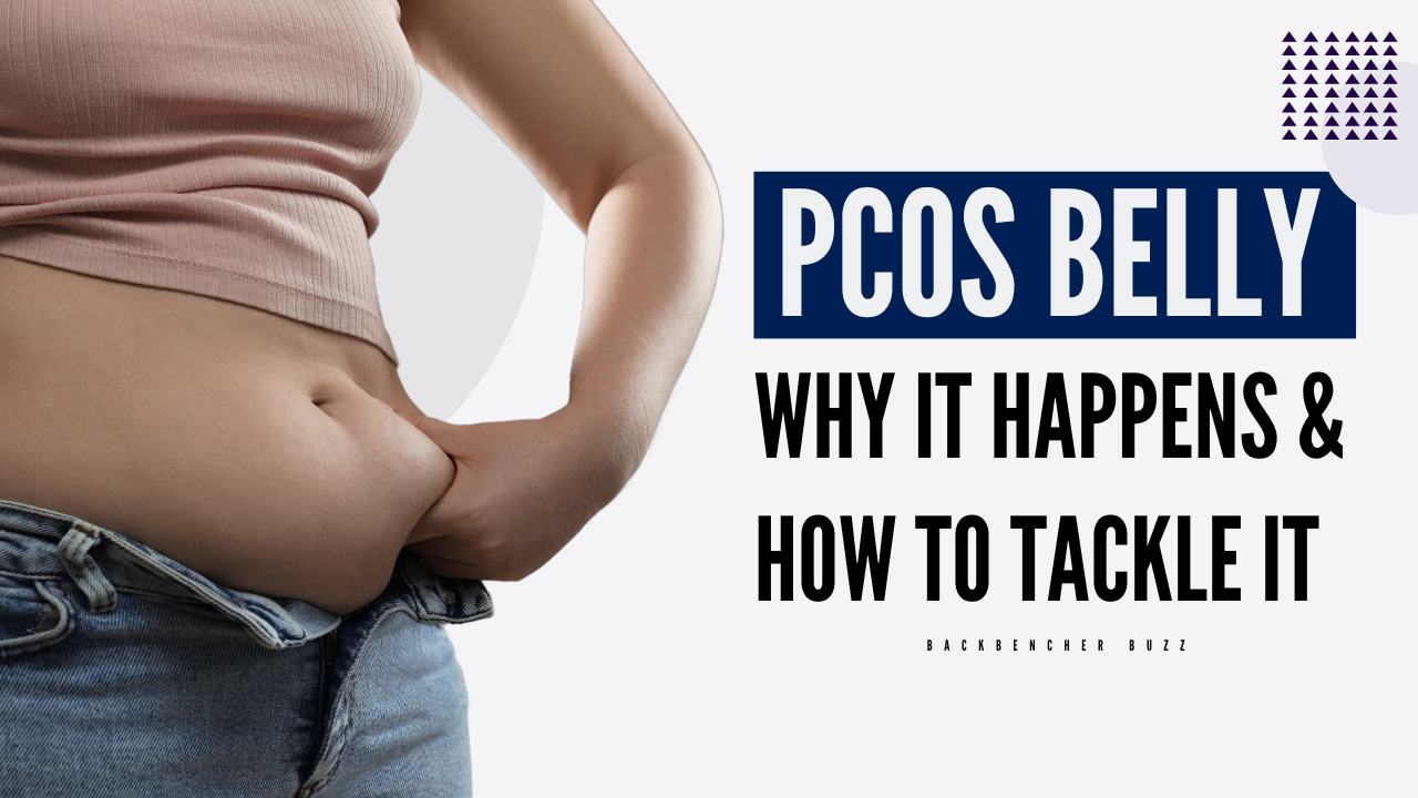 Woman showing PCOS belly fat with text explaining causes and solutions