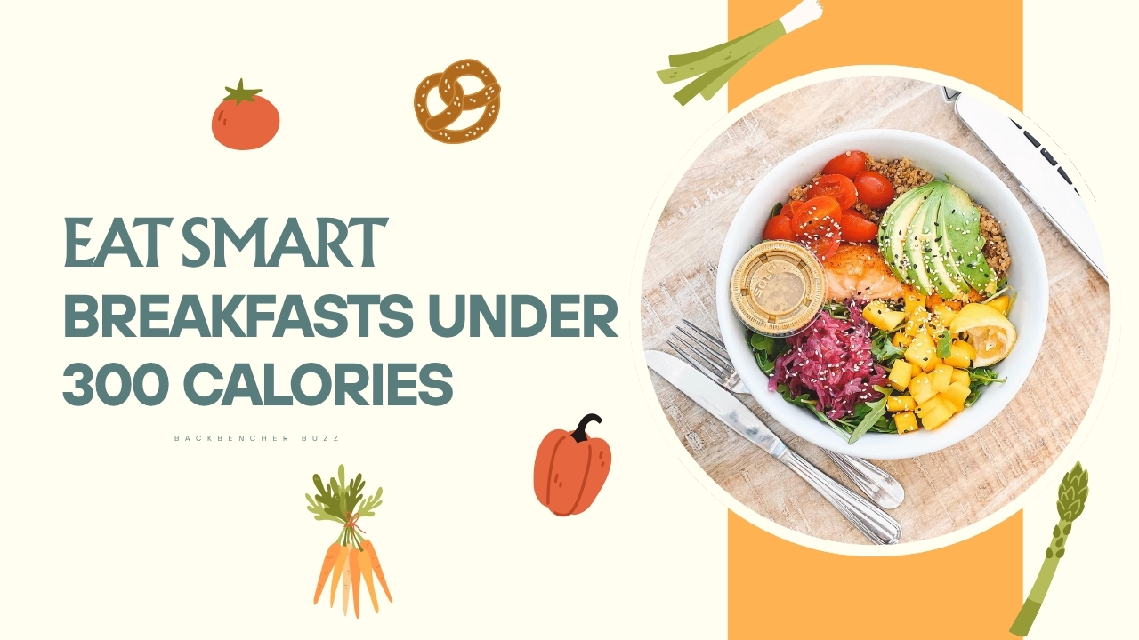 Three simple low calorie breakfast plates including oatmeal, toast, and yogurt