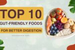 A heart-shaped bowl filled with Best probiotic for gut health-friendly foods like salmon, berries, oats, and nuts