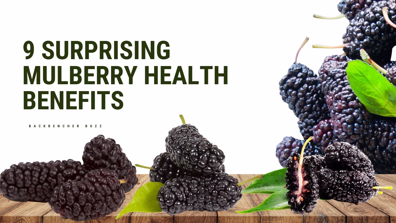 Fresh black mulberries and green leaves highlighting 9 surprising mulberry health benefits