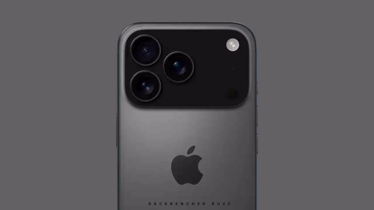 Close-up view of triple rear camera setup on Apple iPhone 17 Pro in space grey