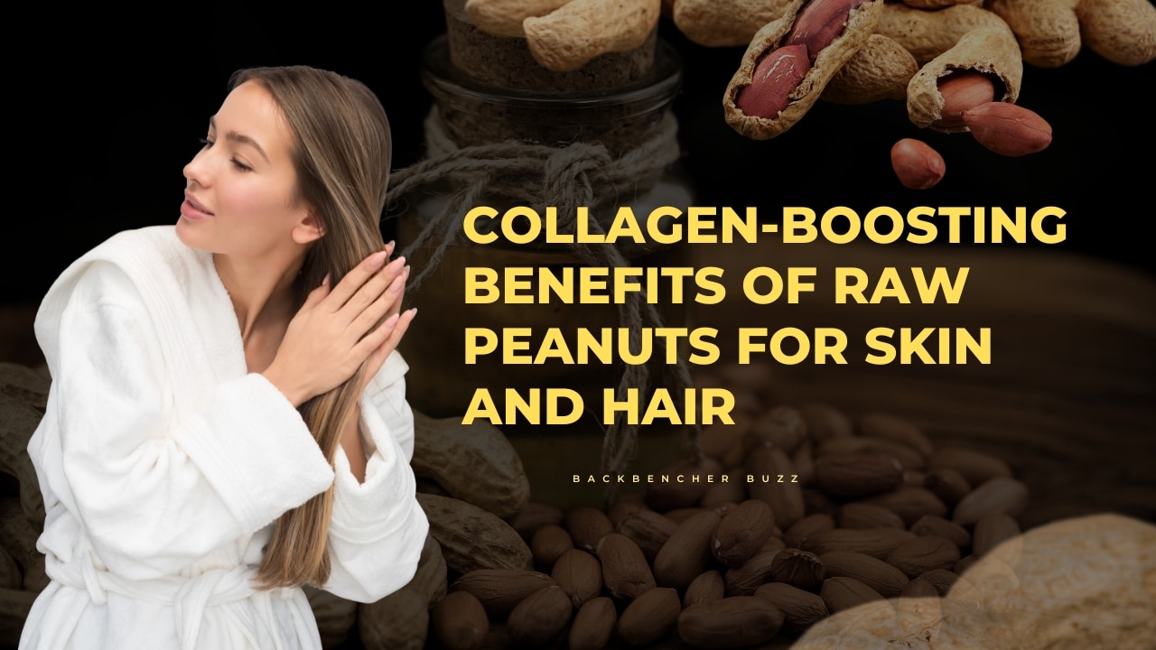 Woman using raw peanuts for glowing skin and healthy hair through natural collagen activation