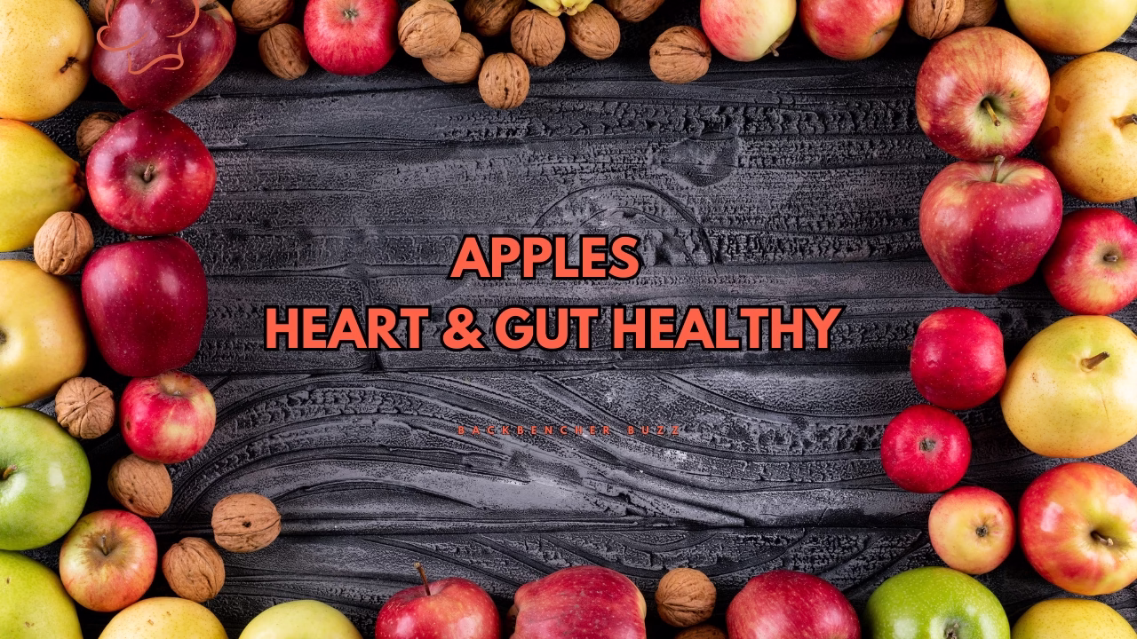 Various apples arranged in a circle with the words “Apples Heart & Gut Healthy,” promoting apple nutrition facts and their health benefits