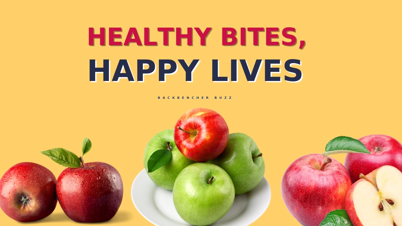 A bowl of red and green apples with the caption “Healthy Bites, Happy Lives,” highlighting key apple nutrition facts