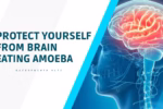 Doctor explaining brain eating amoeba prevention using an anatomical brain model