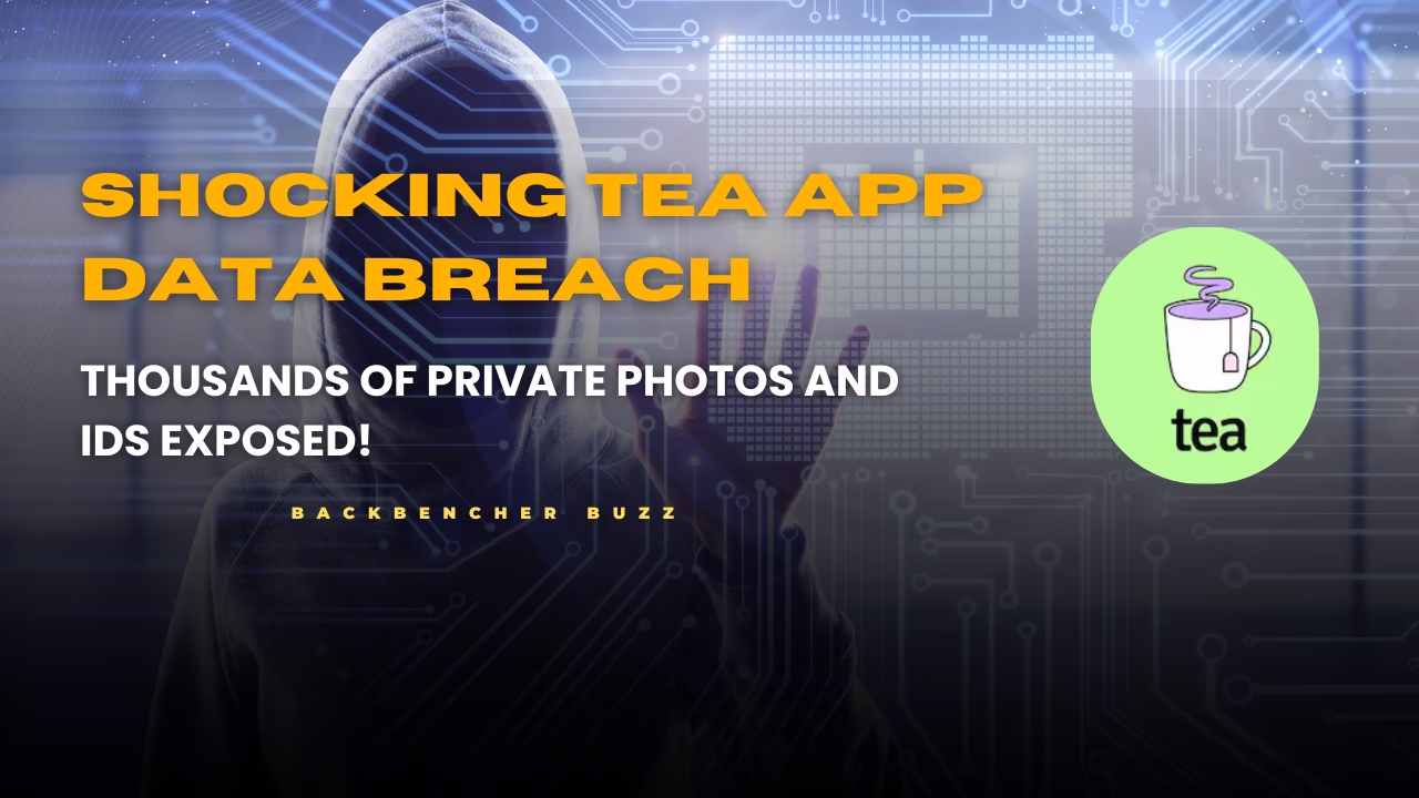 Hacker behind digital screen referencing Tea App Data Breach with tea app logo visible
