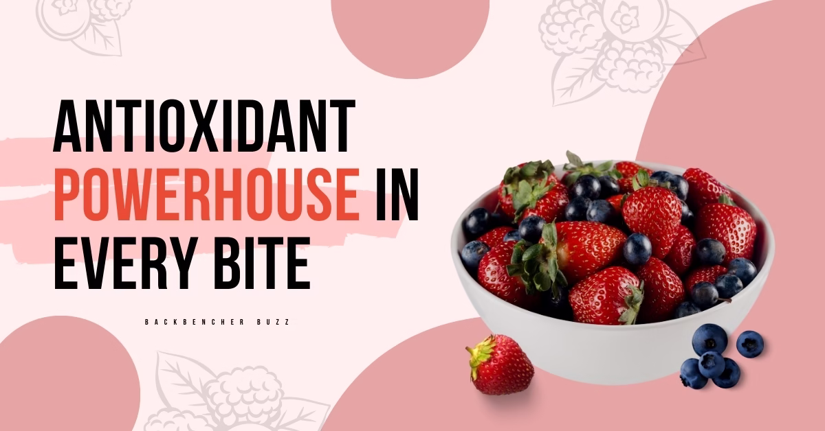 Bowl of strawberries and blueberries with overlay text “Antioxidant Powerhouse Low Strawberry Calories in Every Bite