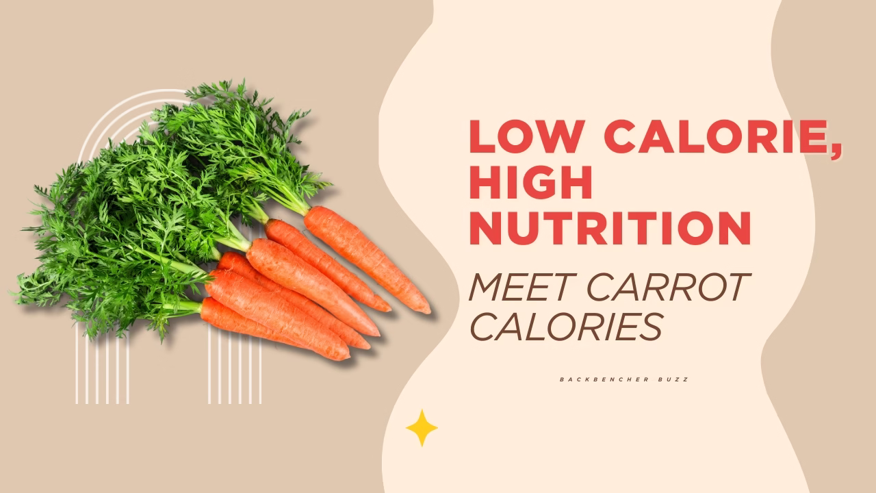 Bright carrots with greens on a vivid red background promoting healthy choices with Carrot Calories