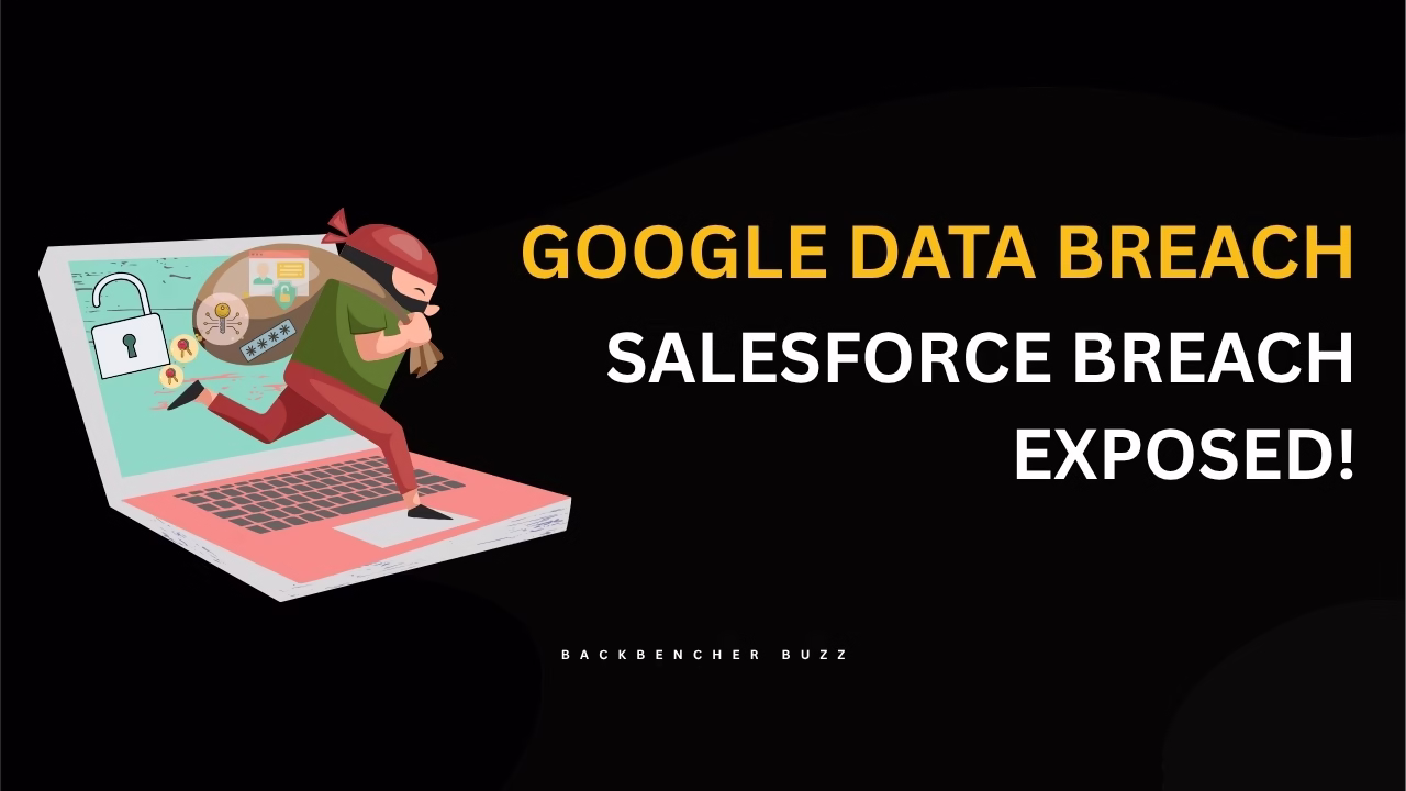 Illustration of a masked thief emerging from a laptop with “Google hacked Data Breach Salesforce Breach Exposed!” text