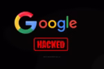 Google hacked logo stamped with red “HACKED” text on a black background