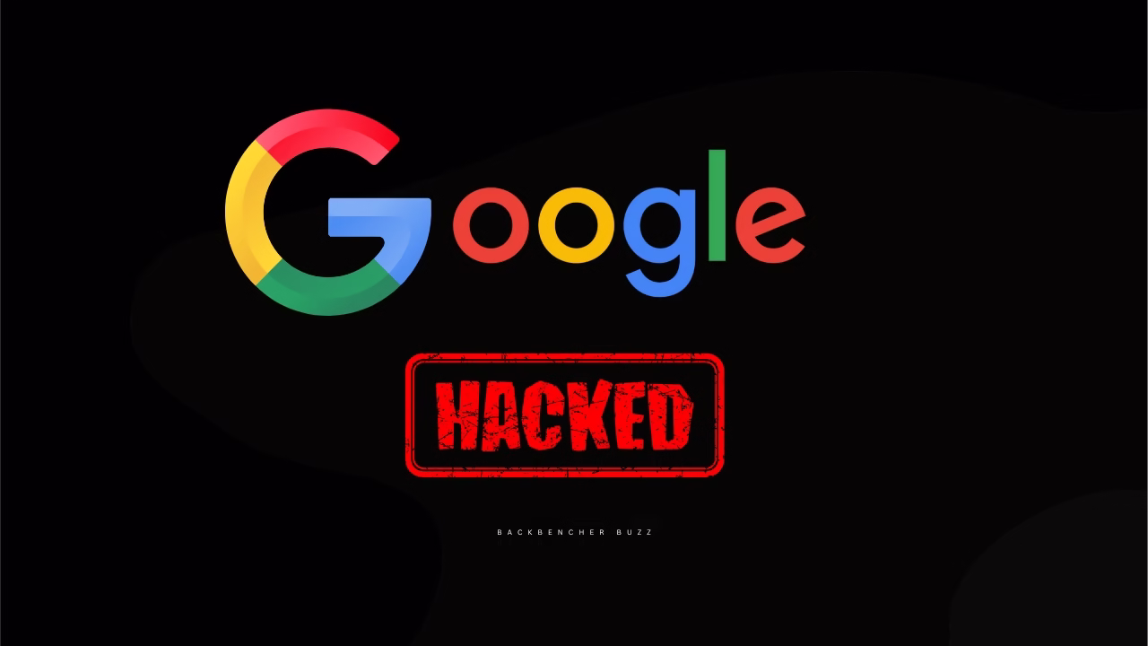 Google hacked logo stamped with red “HACKED” text on a black background