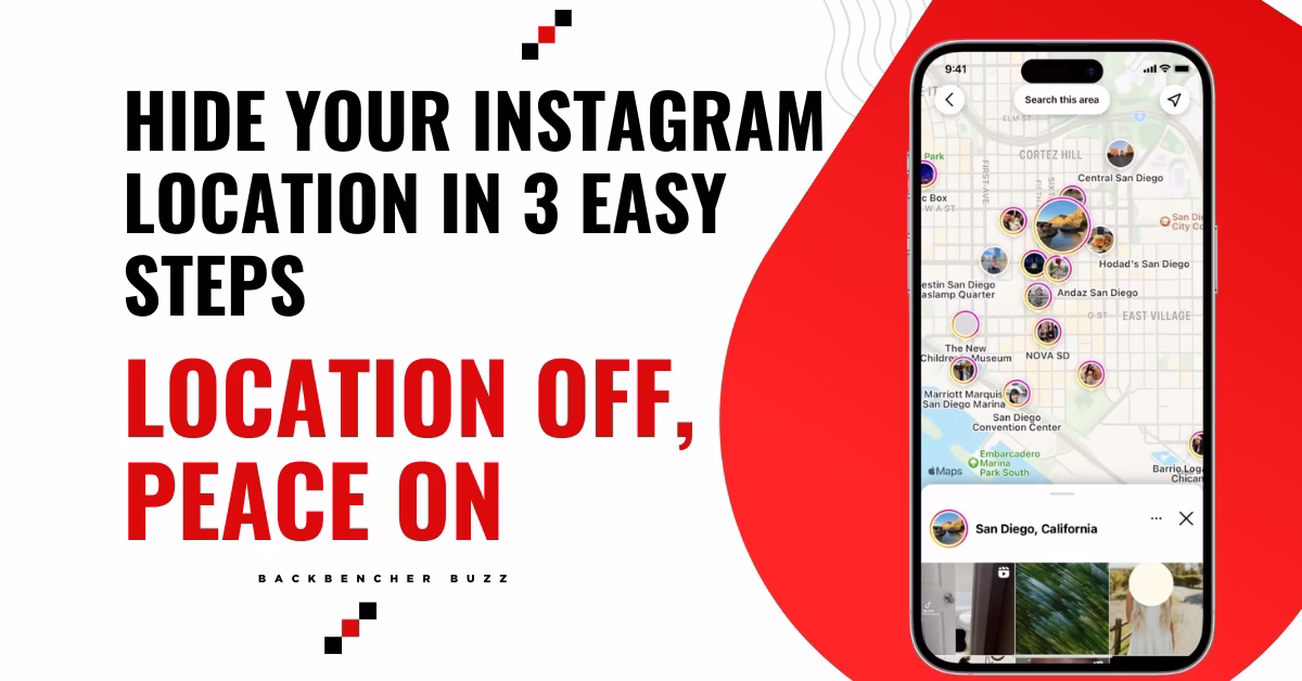 Graphic demonstrating how to turn off Instagram location in 3 easy steps with eye-catching colors and a map