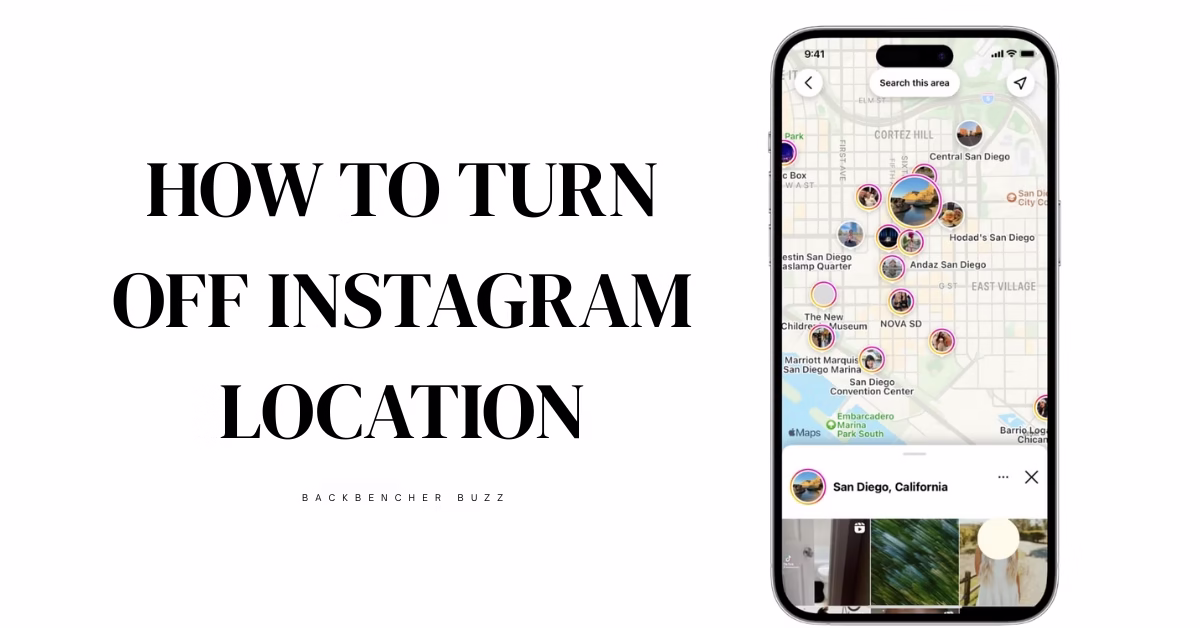 Smartphone displaying Instagram map beside bold text about how to turn off Instagram location