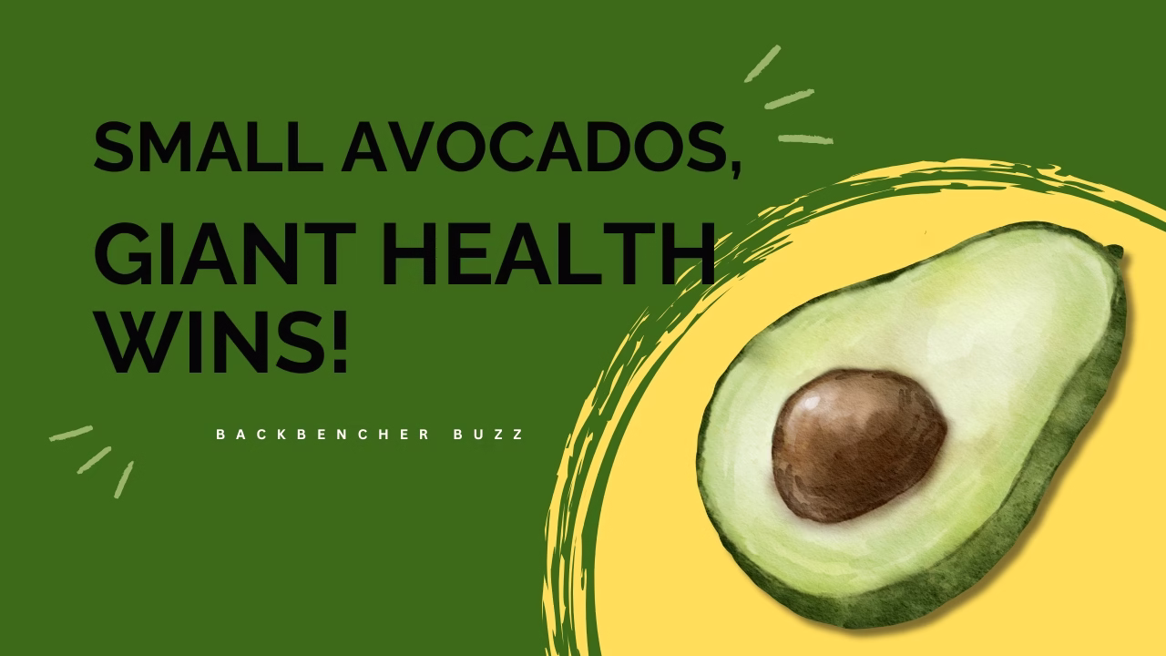 Half avocado on green background with text about small avocado nutrition and health benefits
