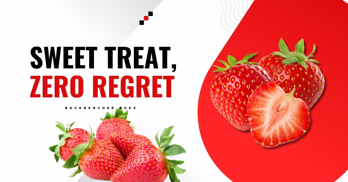 Cluster of ripe strawberries with overlay text “Sweet Treat, Zero Regret Minimal Strawberry Calories