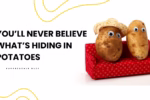 Close-up of two potatoes on a red mini-couch with googly eyes and straw hat highlighting potato nutrition.