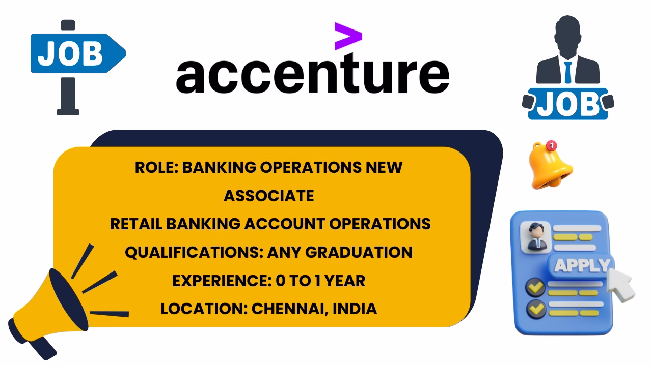 Accenture Banking Operations New Associate job infographic showing role, qualifications, experience, and location in Chennai, India.