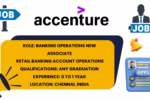 Accenture Banking Operations New Associate job infographic showing role, qualifications, experience, and location in Chennai, India.
