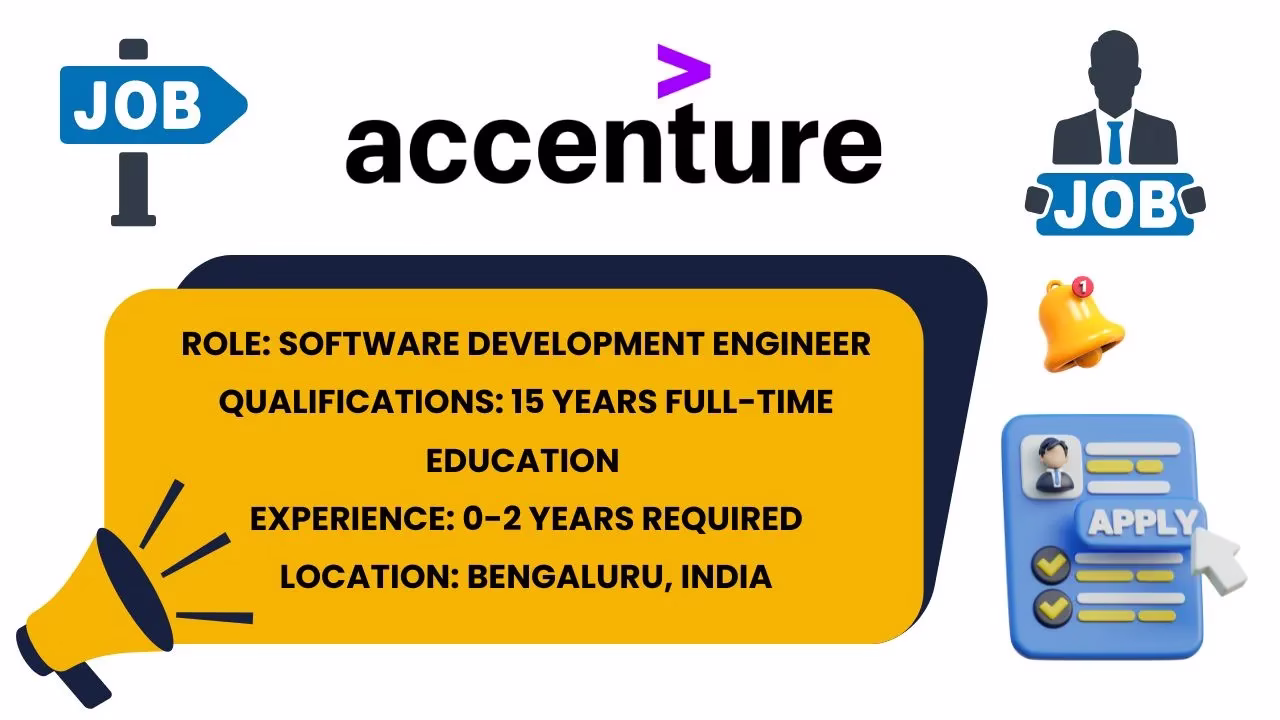 Accenture hiring Software Development Engineer, 0-2 years experience, Bengaluru location, 15 years full-time education required.