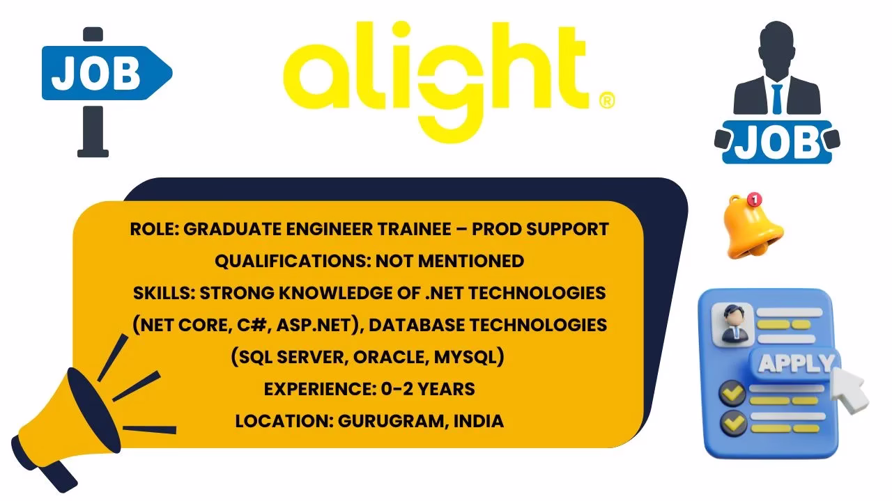 Job summary for Alight Graduate Engineer Trainee – Prod Support in Gurugram, requiring .NET and database skills.