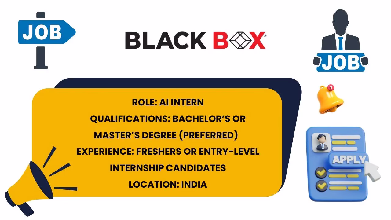 Black Box job alert image for AI Intern, showing qualifications and location details for freshers in India.