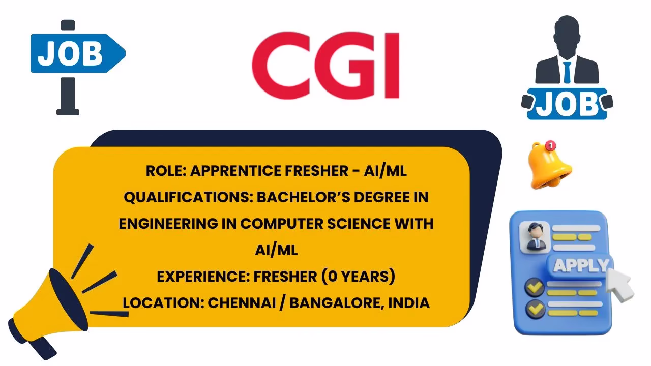 CGI job post graphic for AI/ML Apprentice Fresher, listing degree, fresher status, and Chennai/Bangalore location.