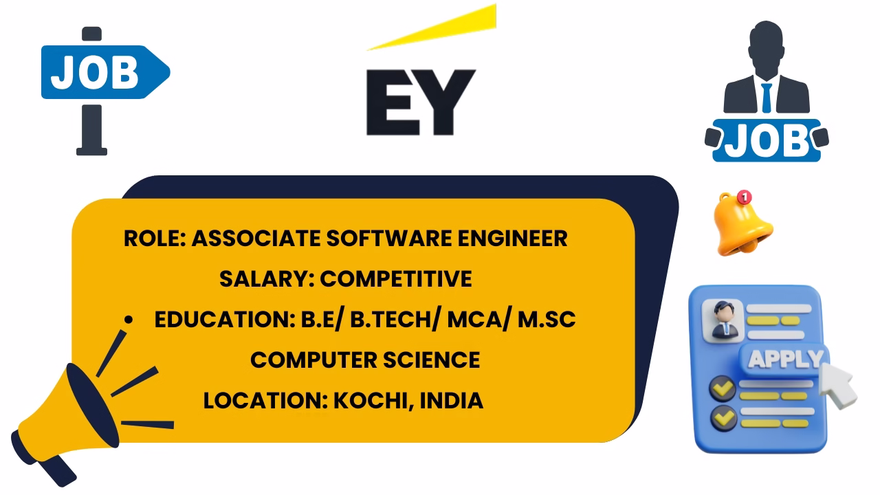EY job opening infographic showing Associate Software Engineer position details, competitive salary, and Kochi location