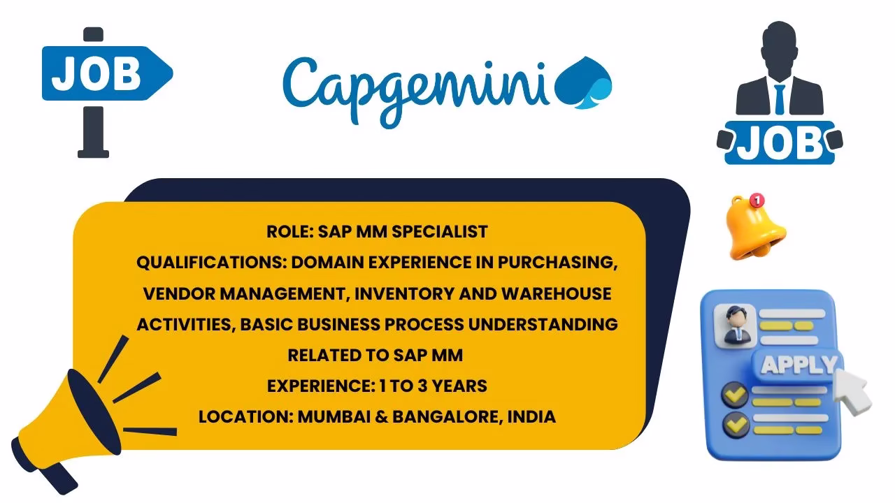 Capgemini logo with yellow panel showing SAP MM Specialist qualifications and locations Mumbai and Bangalore.