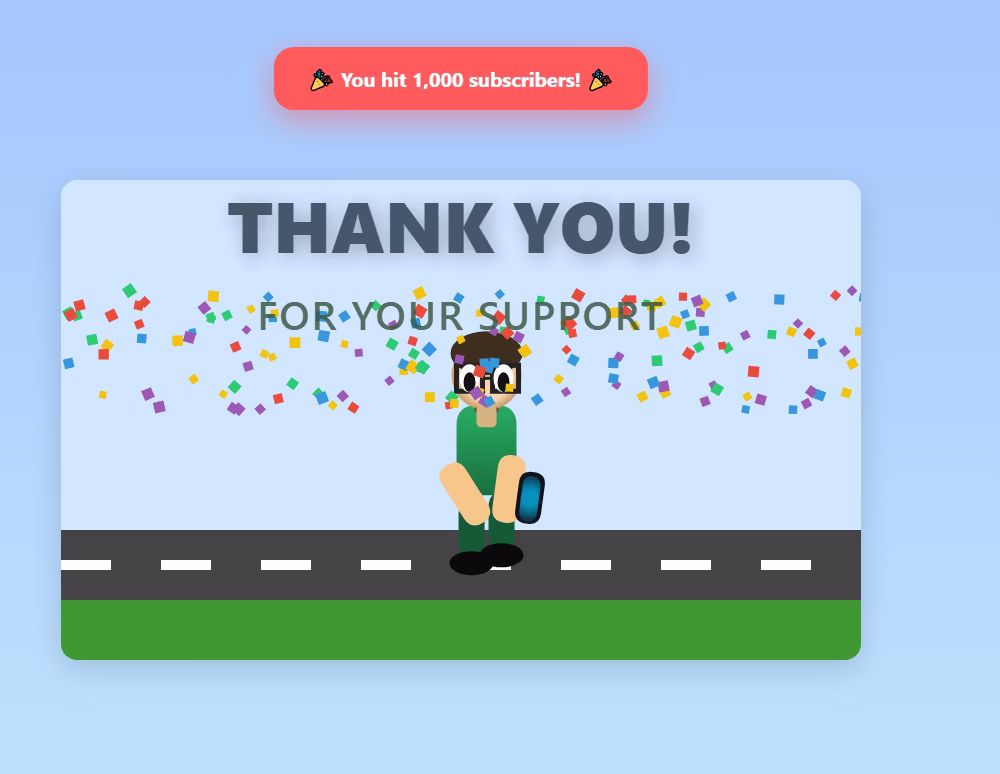 2D developer illustration with thank you messages and colorful confetti celebrating 1,000 subscribers milestone.