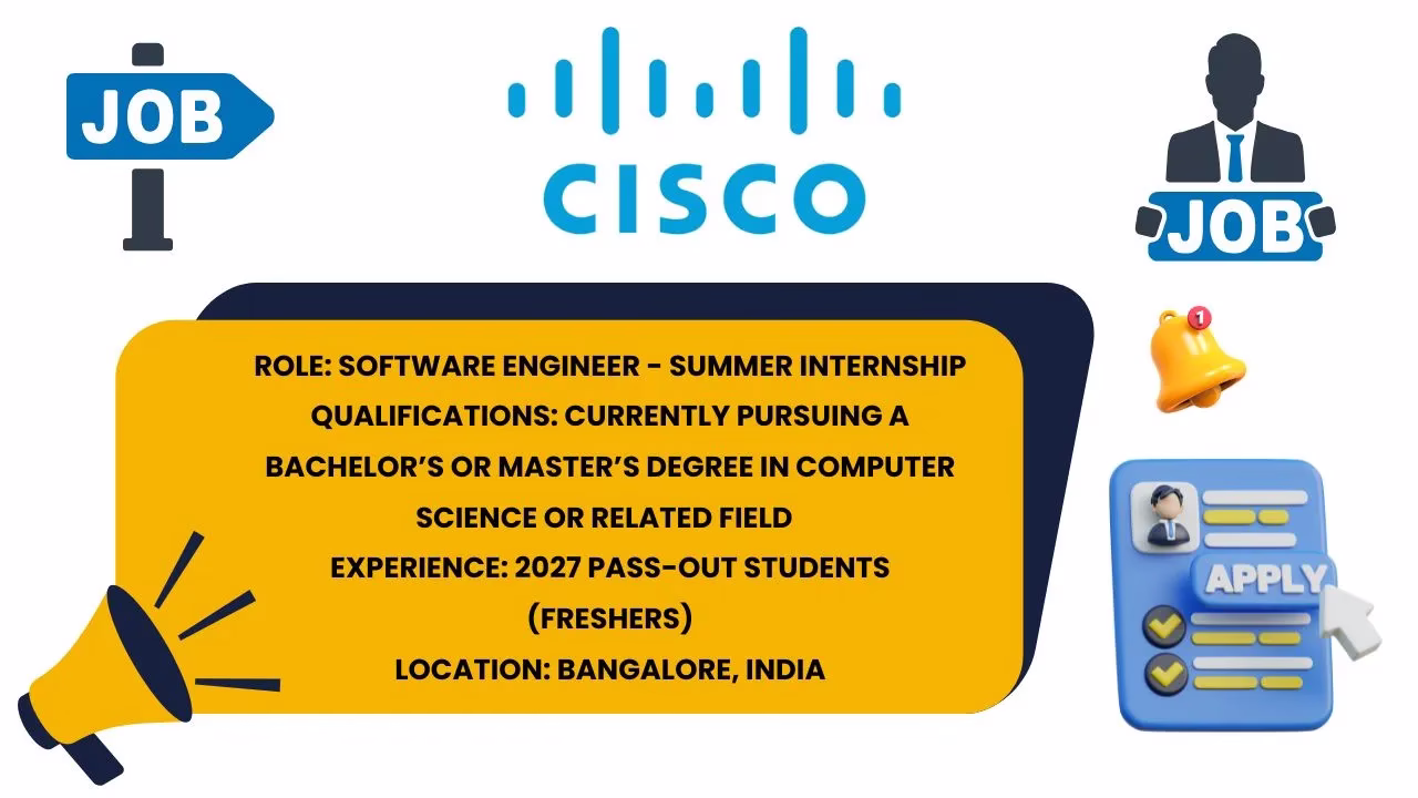 Cisco Software Engineer Summer Internship details highlighting qualifications, experience, and location Bangalore.