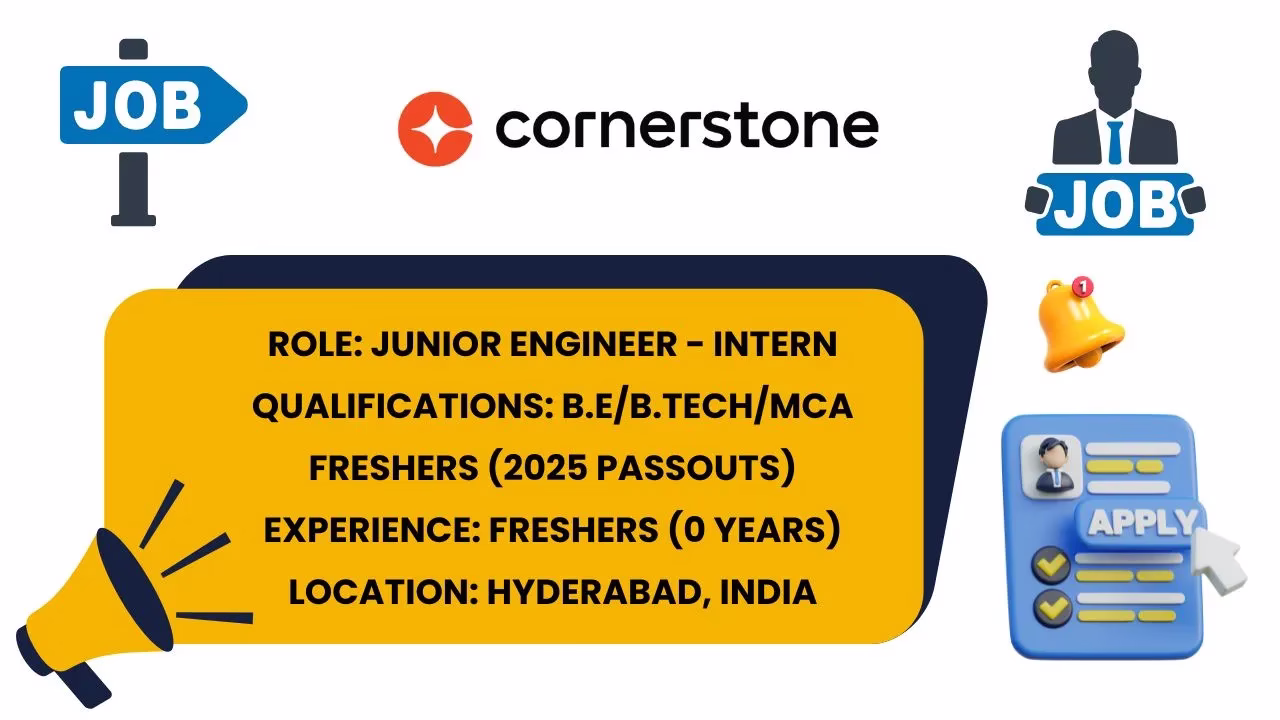 Infographic highlighting Cornerstone Junior Engineer Internship for 2025 freshers in Hyderabad, India.